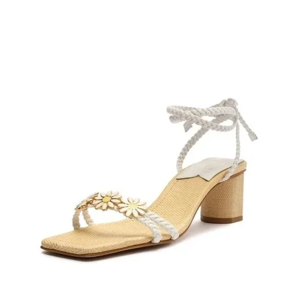 Schutz Hina Daisy Fairy Rafia Floral Lace Up White Block Heels Sandals Shoes 7.5 - Picture 1 of 14